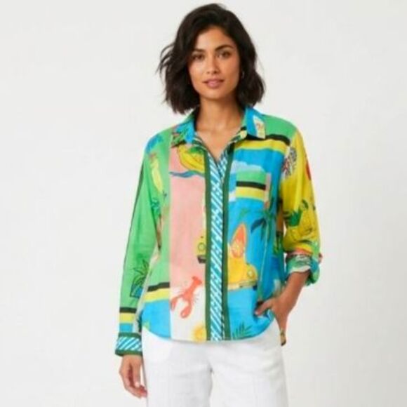 Lucky & Coco Tops - Lucky & Coco NWOT Women's Vibrant Tropical Patchwork Button Front LS Shirt Sz XL